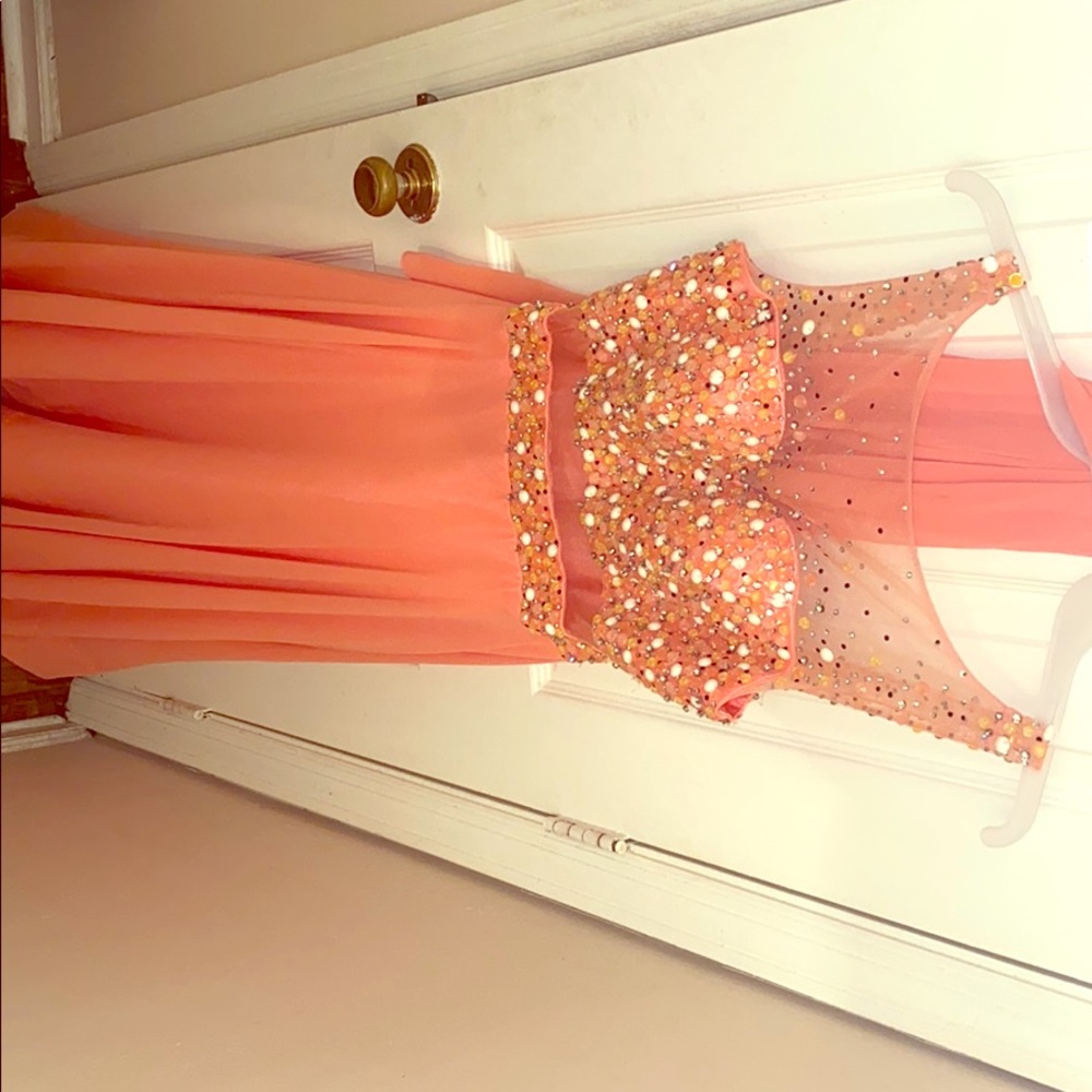 Coral Chiffon Prom Dress with embroidery